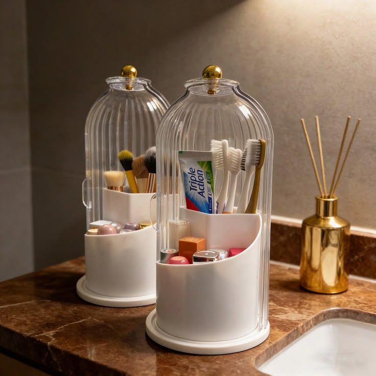 Makeup & Toothbrush Holder Organizer With Lid 360 Rotating